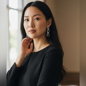 Carolee Lux Clip Earrings Drop Black Stone With Crystals Silver Tone